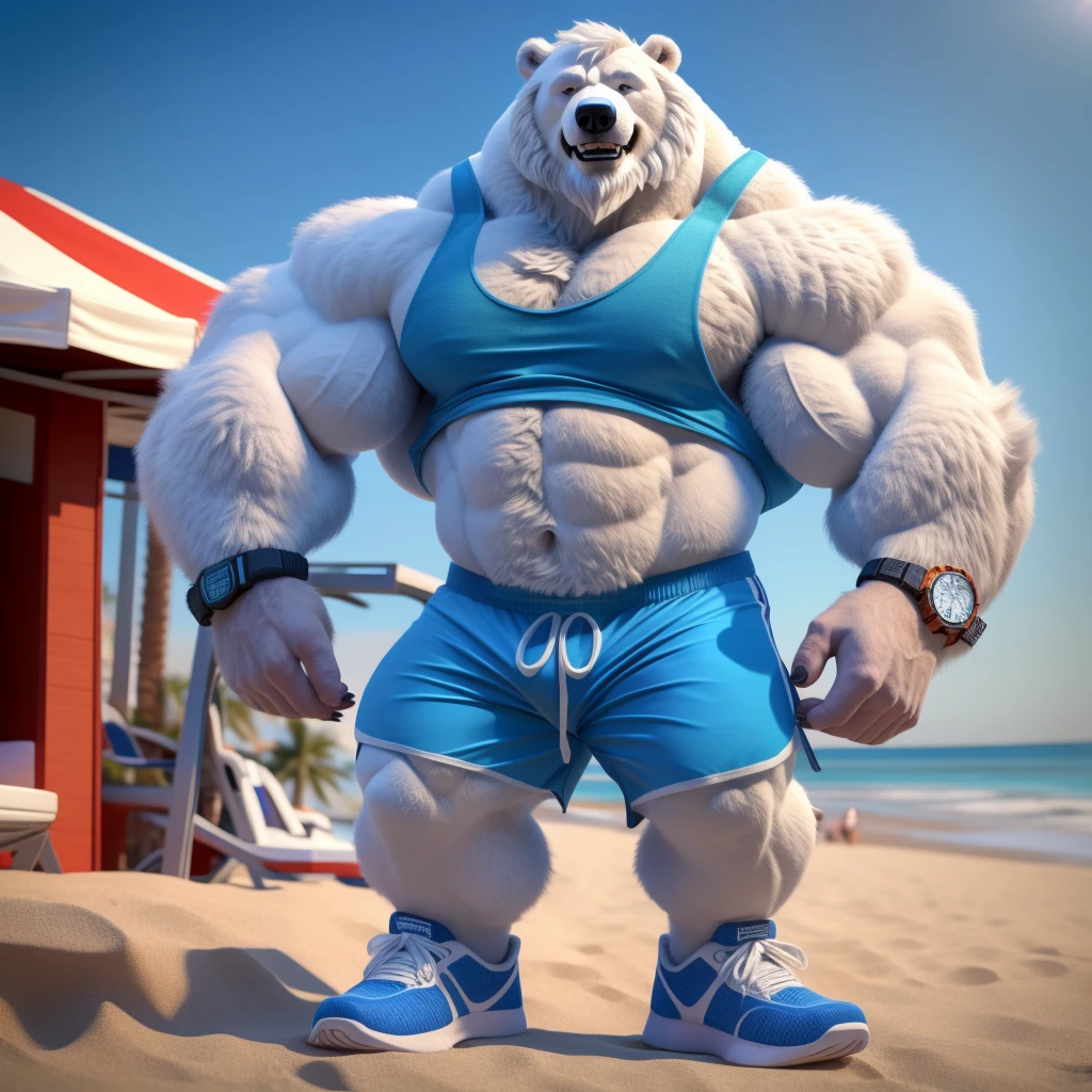 huge muscular polar bear dad in street city, grinning, polar bear, huge white fur, thick arm, huge arm, bearded. white hair and beard, bearded, (muscular, pectoral, wide pectoral, thick arms), beach, palm, realistic, 8k, masterpiece, (wearing blue gym shorts, wristbands, watch and tank top, gym shoes)