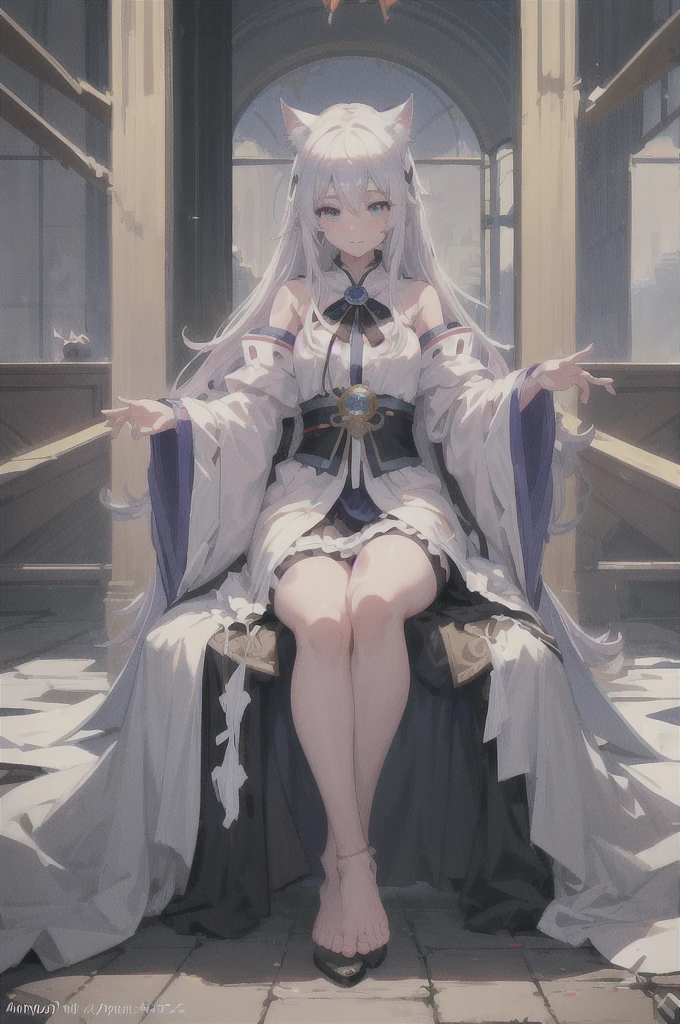 Anime character with white hair and blue eyes sitting on a chair, Cat ears、crown、The delicate prince, Beautiful Prince, ((wearing a noble robe)), 詳細なKey Anime Art, Royal elegant pose, artstation pixivでトレンド, Key Anime Art, Zerochan Art, Very detailed fan art, guweiz on pixiv artstation, Detailed fan art