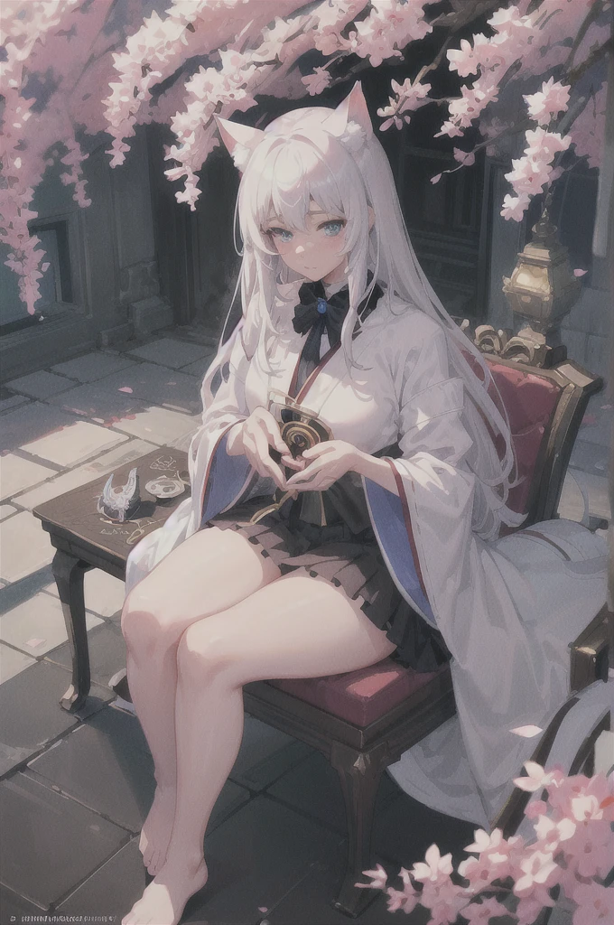 Anime character with white hair and blue eyes sitting on a chair, Cat ears、crown、The delicate prince, Beautiful Prince, ((wearing a noble robe)), 詳細なKey Anime Art, Royal elegant pose, artstation pixivでトレンド, Key Anime Art, Zerochan Art, Very detailed fan art, guweiz on pixiv artstation, Detailed fan art