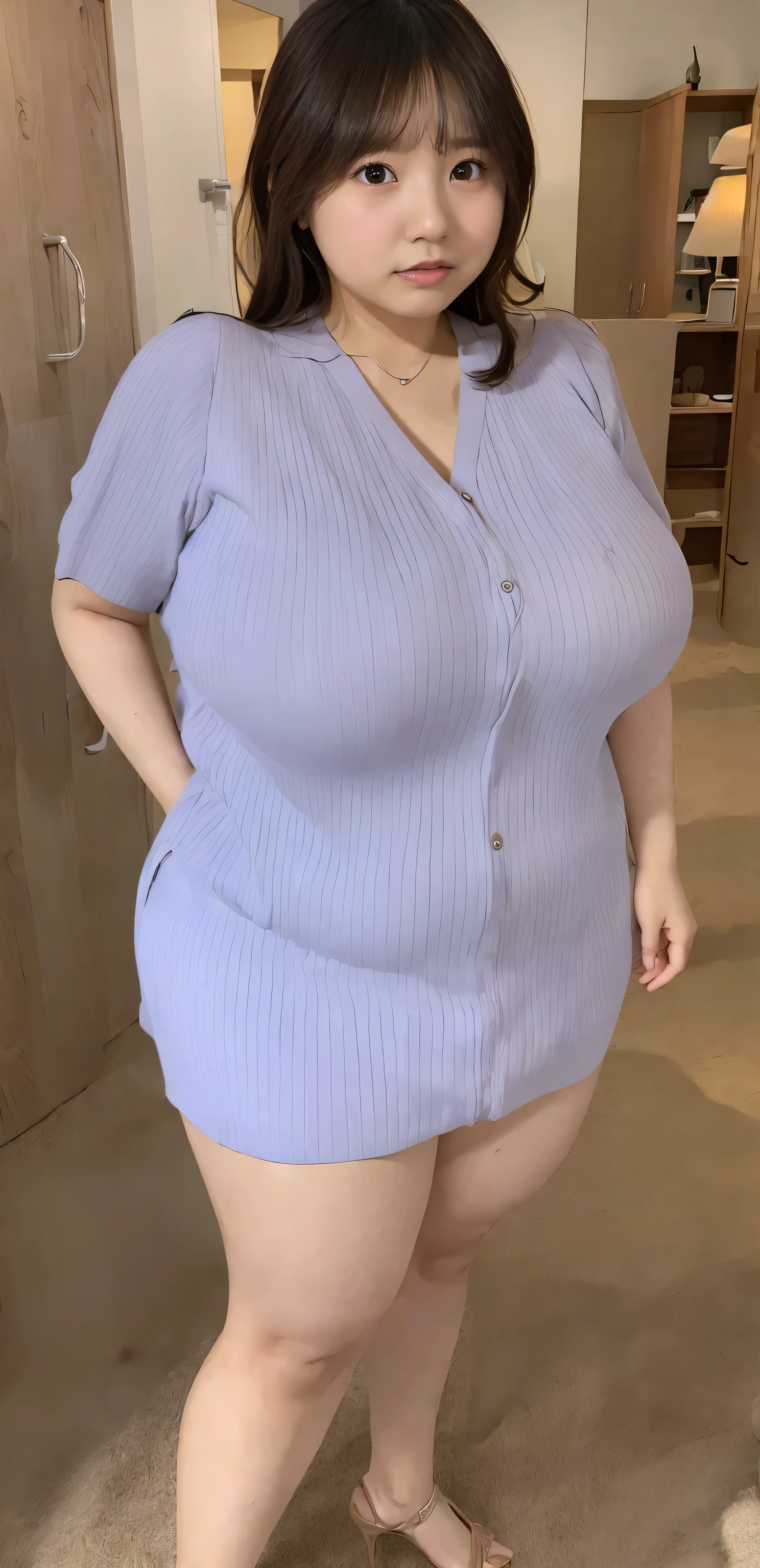 ((Highest quality、Highest quality、Raw quality)), Japanese ID, Mature Woman, ((A chubby, cute, round-faced woman around 40 years old)), Straight black hair without bangs, Long Hair, ponytail, Flashy makeup, Fuller lips, Sexy Gaze, uniform, ((dressing)), looking at the camera, Low angle shooting, Cute duck lips,((Very accurate and correct anatomy)), (masterpiece:1.3), Perfect proportions, Realistic photos, Full Shot, whole body, (height: 146cm), High heels