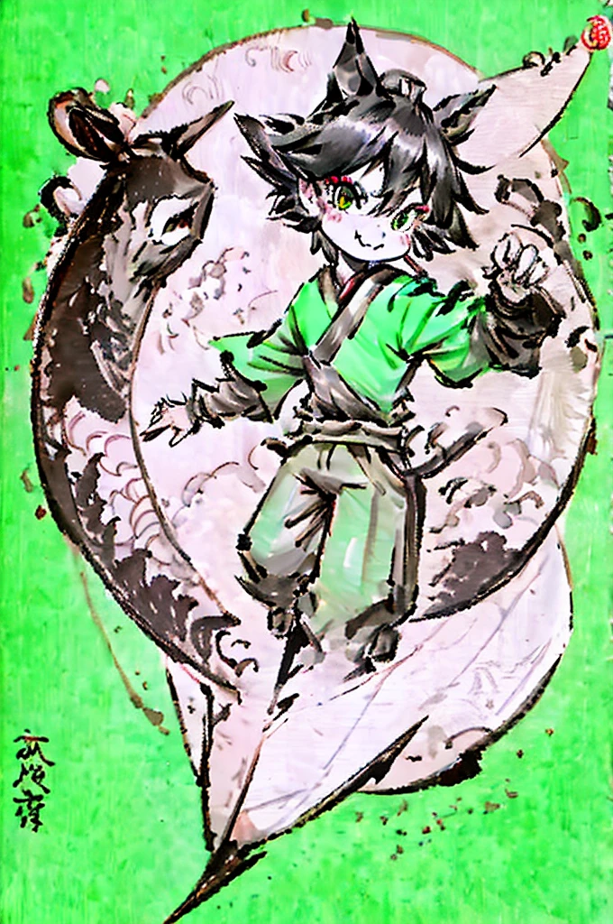 black hair, wince, longeyelashes, solid circle eyes, fake animal ears, light smile, ear blush, fang, ccurate, Surrealism, drop shadow, anaglyph, stereogram, tachi-e, pov, atmospheric perspective, 8k, super detail, best quality,Turquoise green, a boy of eighteen years old,horse ears,full body