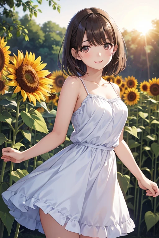 anegasaki nene、Shiny brown hair, short hair, Beautiful brown eyes、smile、Sparkling eyes, (Fine grain)、Ultra-detailed eyes、Highly detailed face, Highly detailed eyes,

CG, Unity, 8K, wallpaper, Highest quality, masterpiece, One girl,alone, alone,dress,cute,masterpiece,Pretty and beautiful girl,,(smile:1.2),Cowboy Shot,avant-garde string camisole dress,,The background is a colony of sunflowers,Sunlight sparkling,Best lighting, Complex pupil, Complex weaving, Realistic skin texture,Low - Angle