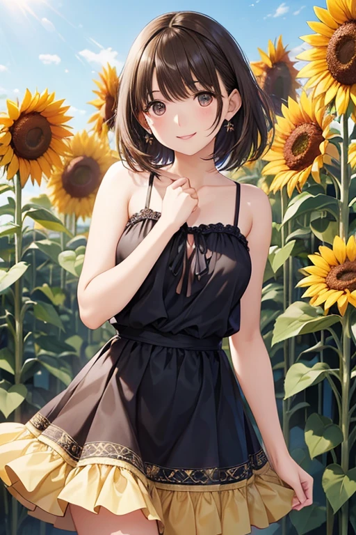 anegasaki nene、Shiny brown hair, short hair, Beautiful brown eyes、smile、Sparkling eyes, (Fine grain)、Ultra-detailed eyes、Highly detailed face, Highly detailed eyes,

CG, Unity, 8K, wallpaper, Highest quality, masterpiece, One girl,alone, alone,dress,cute,masterpiece,Pretty and beautiful girl,,(smile:1.2),Cowboy Shot,avant-garde string camisole dress,,The background is a colony of sunflowers,Sunlight sparkling,Best lighting, Complex pupil, Complex weaving, Realistic skin texture,Low - Angle