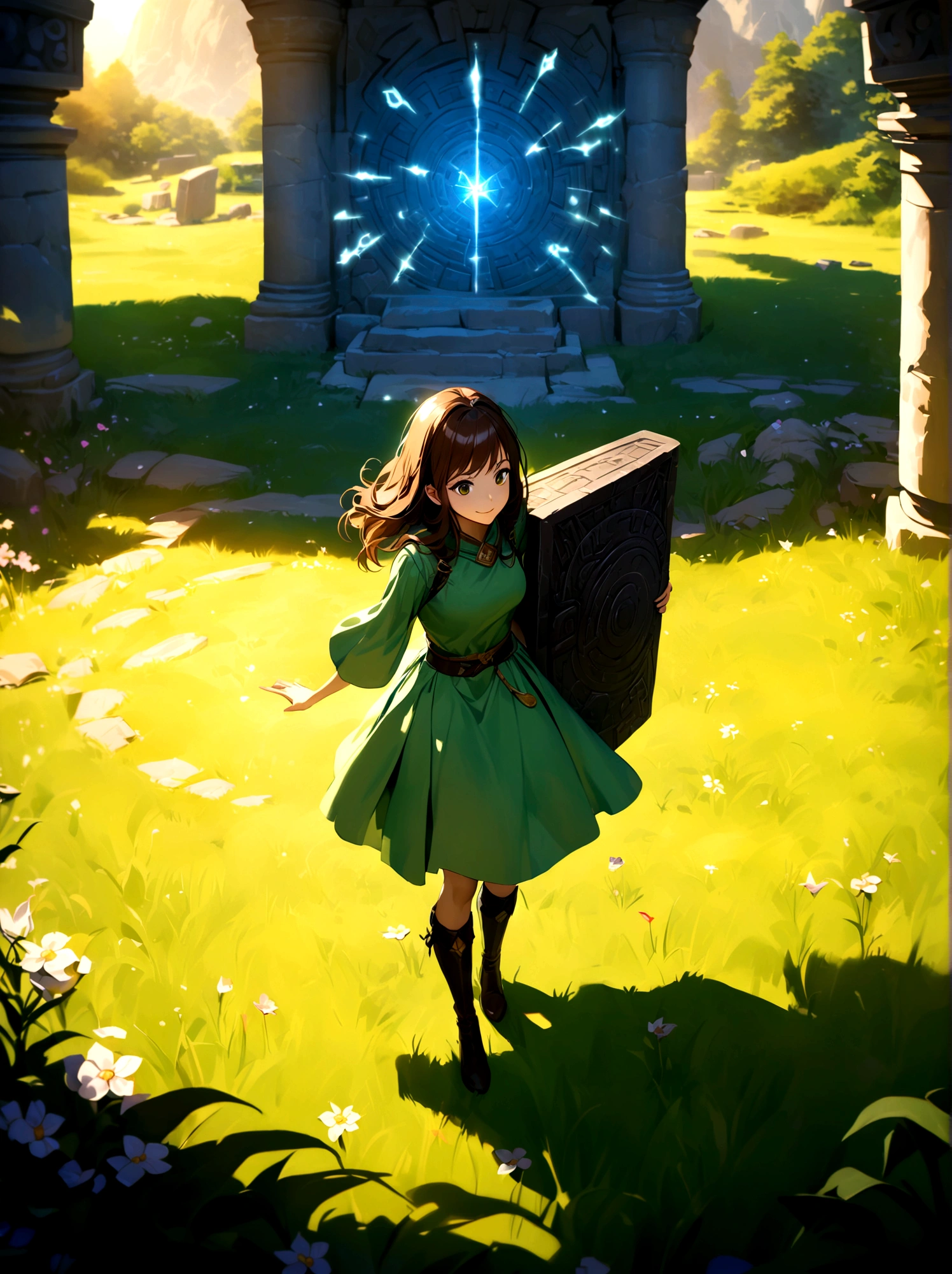 Adventurer princess, (green dress:1.2), short brown hair, big eyes, smiling, holding sword and shield, ancient temple, mysterious maze, mysterious runes, old stone tablet, green grass, (flowers:1.1), magical elements, flying dragon, mysterious creatures, charming scenery, dynamic battle, dreamy atmosphere, outdoor, rich colors, epic scene, fine and delicate light and shadow, evening, sunny, full body, from above, nice hands, perfect hands, 8k, Best quality, photorealistic