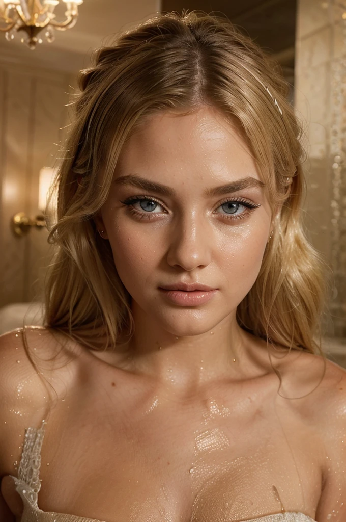 a beautiful blonde girl, wearing a shower robe, in a luxury hotel, sitting in a the bed, detailed beautiful eyes, detailed beautiful lips, extremely detailed face, long eyelashes, elegant pose, photorealistic, 8k, high quality, masterpiece, intricate details, warm lighting, atmospheric, cinematic, dramatic, elegant, glamorous, photo portrait, hair a bit wet