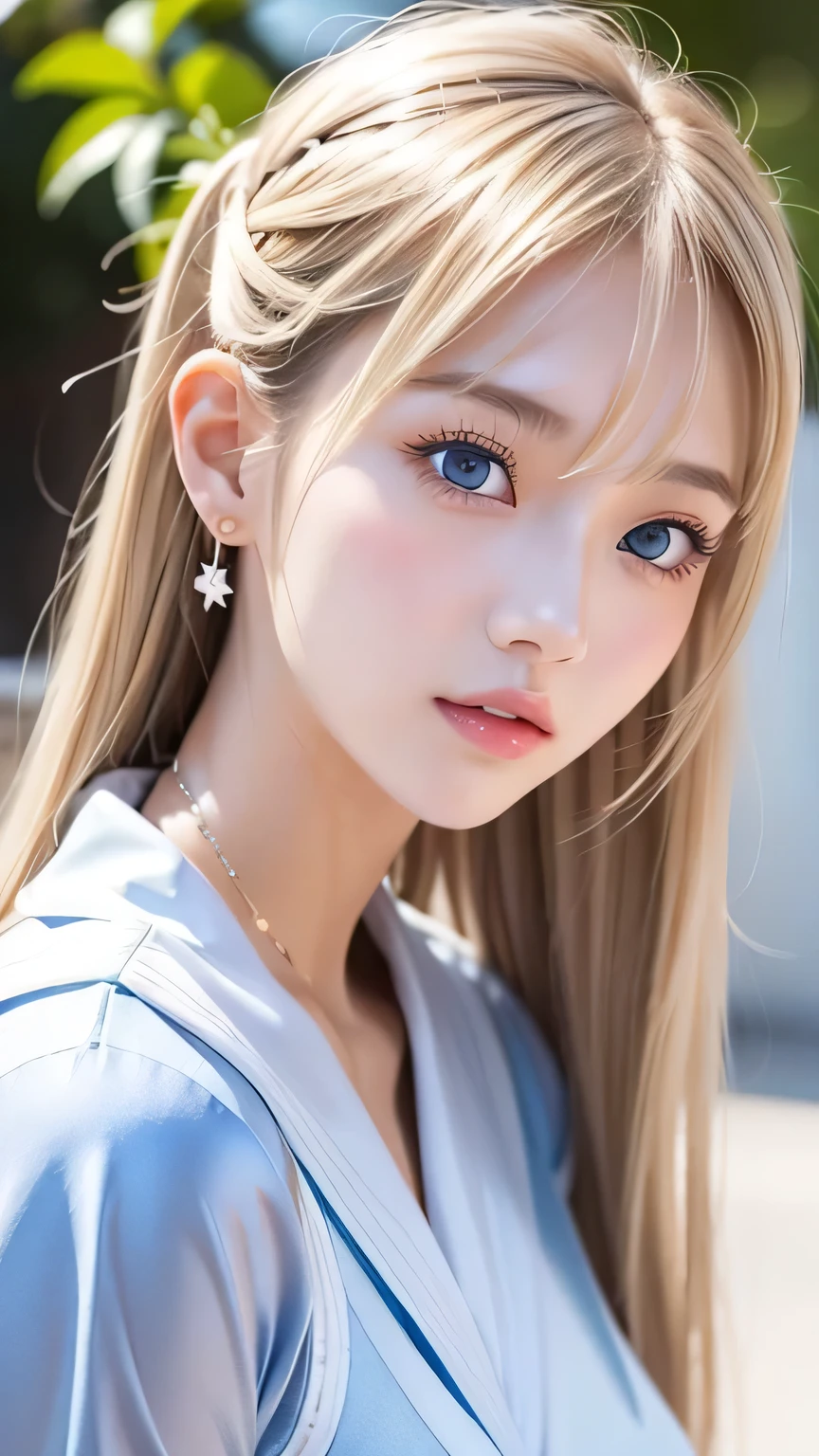 15 year old beautiful blonde girl、A beautiful girl、Very adorable face、Very lovely face、Bright expression、Authentic photo quality、Extraordinary sexy beauty、white, Shiny smooth Very white and bright skin、 ponytail、beautiful bangs、((Smooth, shiny, super long, natural blonde)),Super long, straight, silky hair、Looking at the camera、Very perfect cute beautiful sexy young tiny woman、Very perfect beautiful and cute face、beautiful, clear, Big eyes、Light blue eyes、Big and ample breasts、、Japanese Sailor Suit、Pretty face、Small Face Beauty、Gloss Face、Cheek gloss、Big, bright, marine blue eyes