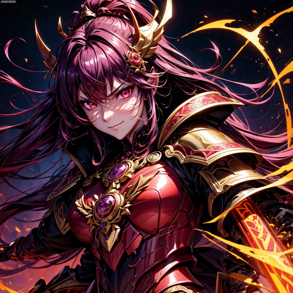 best quality,4K,high resolution),Ultradetailliert,realistisch,portrait, Lila Samurai Sukkubus mit einen katana dunkelrotem Haar, a purple-dark red armor with gold neon lights with gold trim and glowing red eyes, Leuchtende Farben, delicate features, seductive glance, Charming smile, wallende Haare, sanfte Beleuchtung