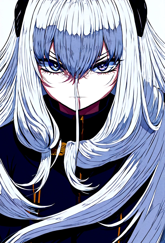 anime military dark blue uniform long white hair black eyes evil look