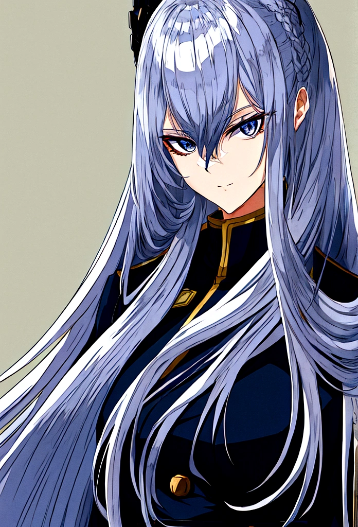 anime military dark blue uniform long white hair black eyes evil look
