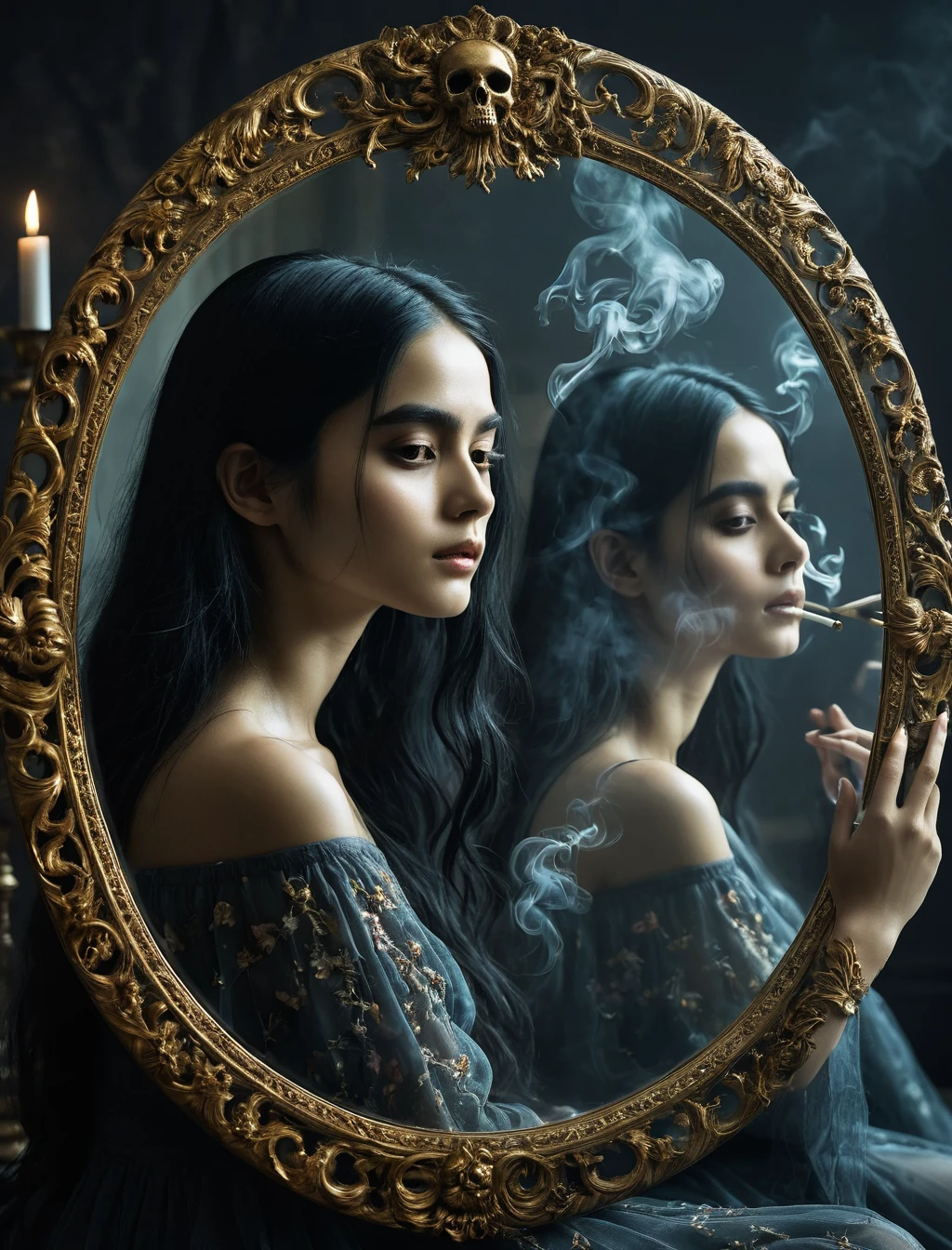 double exposure, 1girl sitting looking at the mirror, sitting, 1reflection_of_death(transparency effect the death reflection 1.5), golden circle frame floral carved mirror, a hand bone emerged from the mirror (accuracy 1.2), long black hair, perfect face, perfect eyes, perfect nose, back view, mystical elemental, ethereal, dark smoke surrounded((heavy smoke 1.2))dramatic light, creepy scene, crisp, terrifying, dimmed light, super detailed, UHD, 8k, epic realism, fantasy art, photo art.