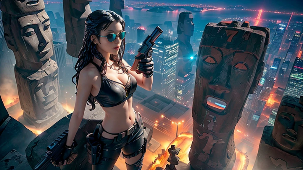 At night, dark sky, aerial view of fantasy cyberpunk style ((Moai-statue)) city, ((flying vehicle)). ((1girl, solo, alone)), photo realistic, medium-breast:1.1 slim body, cleavage, sexy clothes, (black sunglasses), (((hip-up standing and pistol aiming pose))), half-body thigh level medium shot, cinematic lighting.