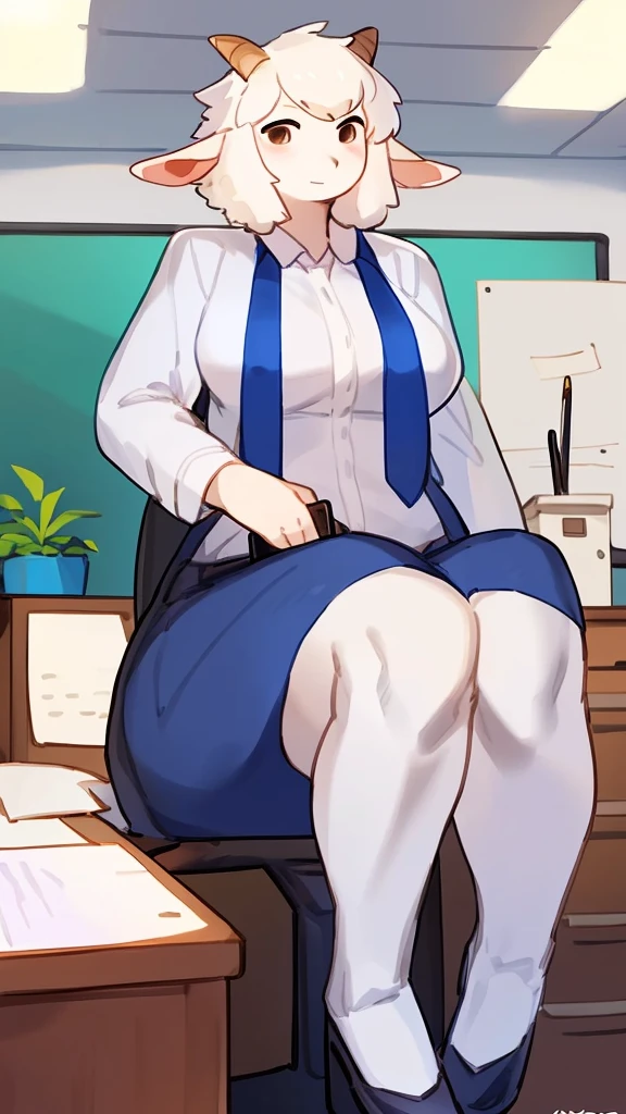 art by kipteitei, 1girl, hanging round jiggly belly, round juicy breasts, pencil skirt, white shirt, white hair, glasses, at a desk, chubby (best quality, masterpiece)