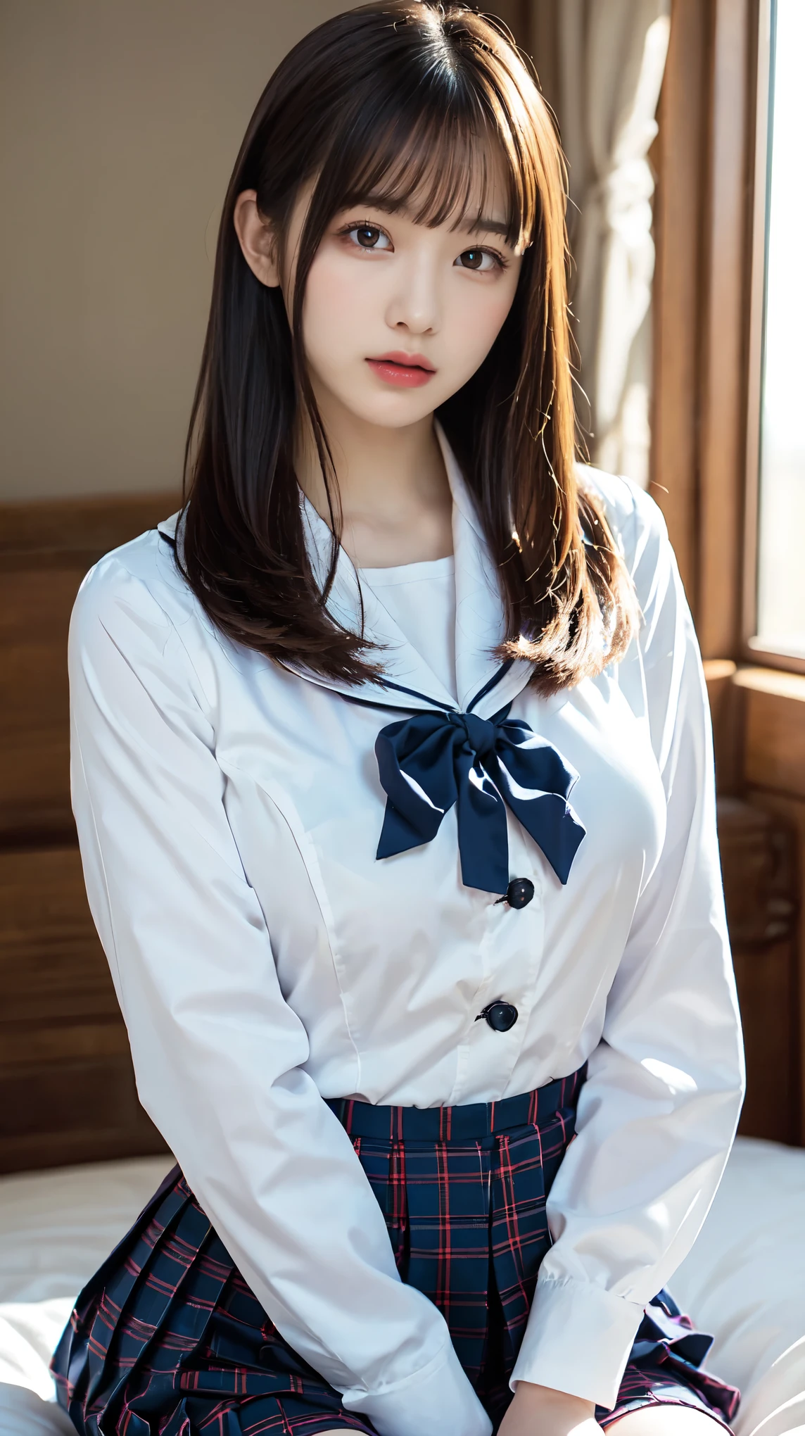 Graduation Ceremony、high school girl、uniform 、Navy jacket、Checkered pleated skirt、White shirt、Bedroom、Lying in bed、Perfect proportions、cute、((18-year-old female:1.ung and adorable Japanese face,Big Breasts, valley, Official Art,Highly detailed CG Unity 8K wallpaper,(masterpiece:1.0),(Highest quality:1.0), High resolution,4K,Very detailed, photo shoot, 8K, nsfw, High resolution, Kodak Portrait 400, Film Grain, Lens flare brilliance, Professional Lighting,Cinematic Light, View your viewers