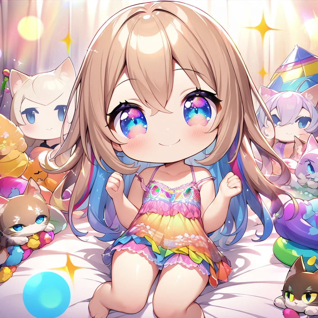 masterpiece, best quality, 4k、2D illustration、one beautiful girl、solo、(((chibi style)))、((vivid colors))、cute chibi、lovely chibi、long beautiful hair, glossy light brown hair, hair between eyes, cute、beautifully detailed eyes、((camisole dress)), ((miniskirt))、((colorful))、((happy smile))、sitting on bed、((full body shot))、((kitten)), ((lots of colorful stuff around))、((bed))、sparkle、((lens flare))、
