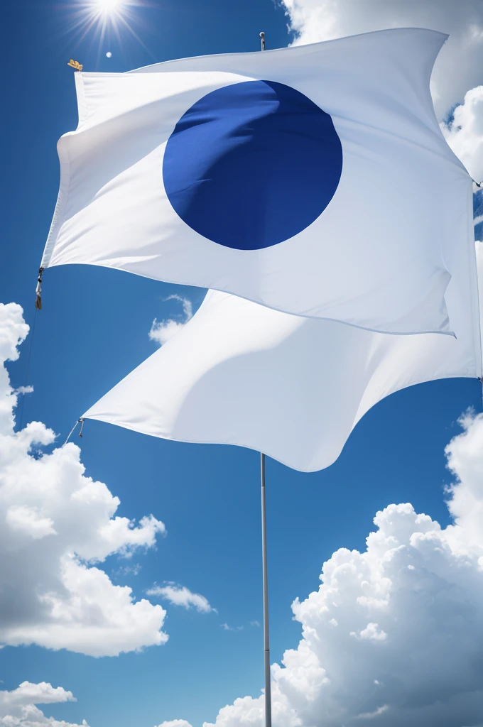 tall quality, blue flag with a white sun in the middle of the flag, white sun rays, 8 k quality