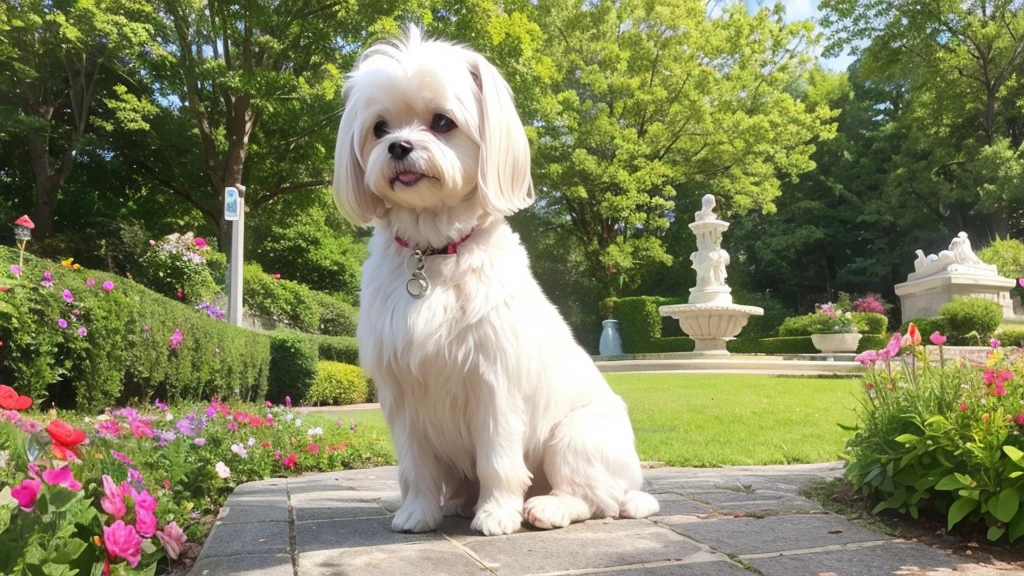 The Maltese dog in beautiful park with her garden