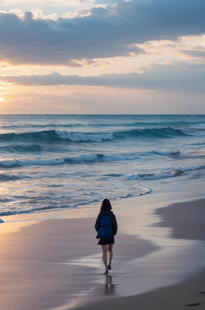 She walking on the beach。Distant View。