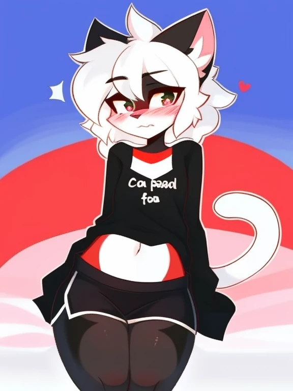 cat white, style cartoon, slenderbody, large, expressive eyes, two letters "With" lying on each cheek in red, indicating shame, slightly pink cheeks, embarrassed expression, large, pointed ears, long fluffy tail, completely white body, short and smooth fur, sitting in a shy pose, front paws together, head slightly tilted down, simple and clean environment.