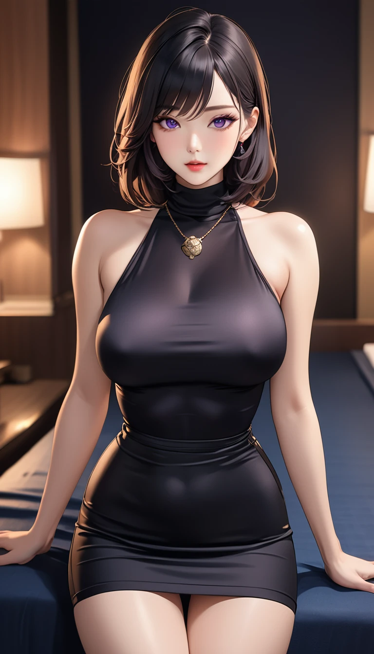 masterpiece, high resolution, beautiful woman, Korean Beauty, 30 years old, black sleeve less turtle neck long sleeve, mini pencil skirt, beautiful woman, night hotel, looking at me, (high resolution face), (high resolution eyes), black hair, big tits, purple eyes, neckless