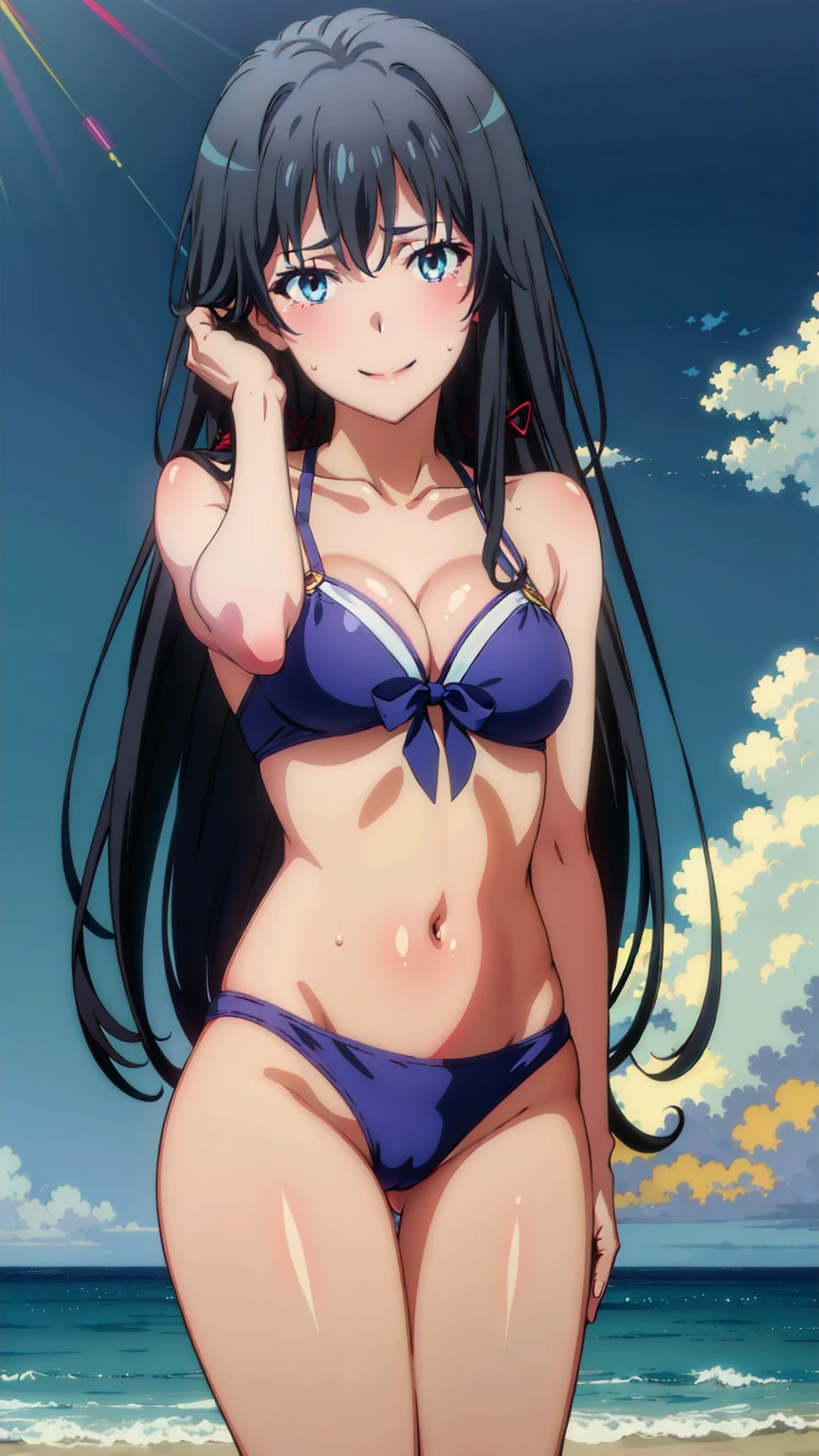  (yukinoshitaYukino:1.5),masterpiece, best quality, absurdres, 1girl, Smiling, looking at the viewer, blue theme, blue background, cloudy sky, sunlight, sweat, orgasmic, bikini swimsuit, medium breasts, cleavage, belly button exposed, collarbone, thighs, sea and beach,