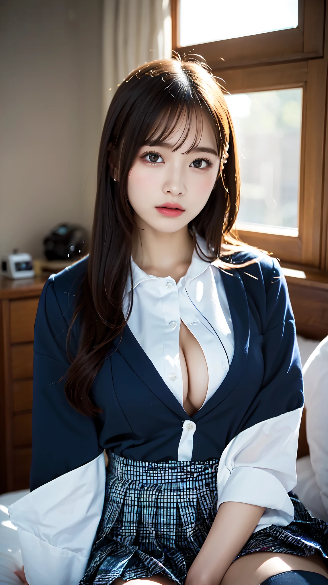 ultra highres,(reality: 1.4),highest quality, masterpiece, high detail, 16K quality, beautiful, 1 beautiful girl,japanese,super beautiful face,,japanese idol face,cute face,super detailed face,detailed hand,beautiful skin,oily skin,big eyes,profeccional lighting,pony tail,brown hair,black beautiful eyes, big smile,laying down on bed, spread legs,(skirt lift),spread pussy,detailed pussy,show pussy,medium breasts,navy blazer,white shirt,open button,cleavage,(checked skirt),high socks,she is looking at the camera,hotel,nsfw,