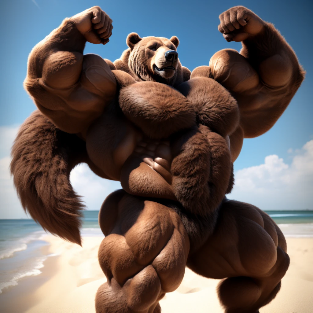 realistic, hyper realistic, detailed muscle,(furry brown grizzly bear), good , masterpiece, art winner, beach, extremely huge muscular, massive muscular, full-body, well-muscled old man. ((extremely muscle size, super thick arms, huge pec, extremely wide pectoral, brown fur, huge arms)). Lifting a huge barbell, and add details to make it attractive and interesting. Add textures and details to make the image more realistic, Make sure the resulting image is high resolution, 8K quality."