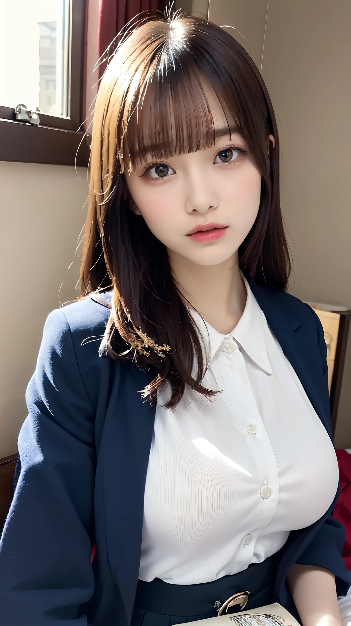 Graduation Ceremony、high school girl、uniform 、Navy jacket、Checkered pleated skirt、White shirt、Bedroom、Lying in bed、Perfect proportions、cute、((18-year-old female:1.2))、Young and adorable Japanese face,Big Breasts, valley, Official Art,Highly detailed CG Unity 8K wallpaper,(masterpiece:1.0),(Highest quality:1.0), High resolution,4K,Very detailed, photo shoot, 8K, nsfw, High resolution, Kodak Portrait 400, Film Grain, Lens flare brilliance, Professional Lighting,Cinematic Light, View your viewers