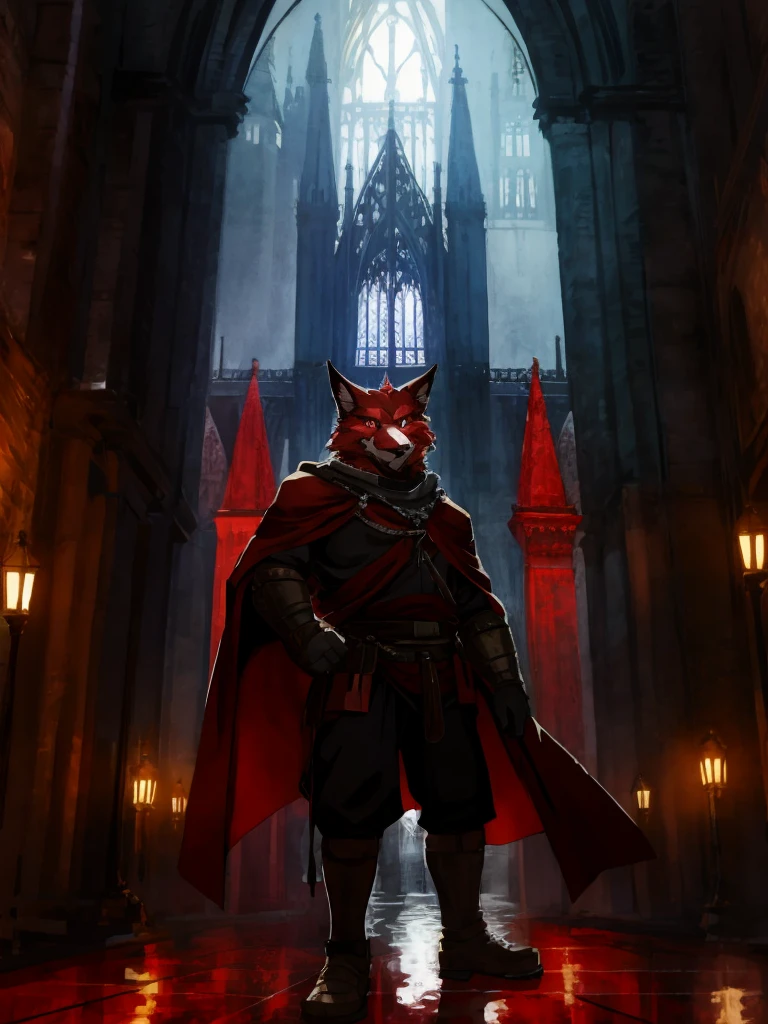 furry,sclera，red iris，Illustration of many red wolves,,Lights and reflections, heavily clouded, Architecture of medieval Europe, Glazed tiles,Hell version of the background