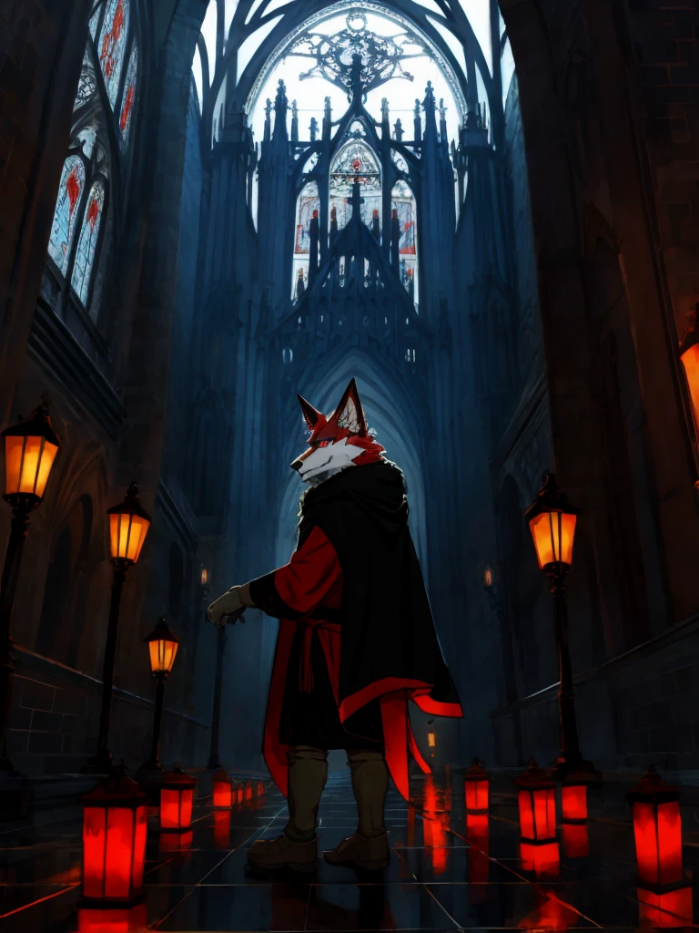 furry,sclera，red iris，Illustration of many red wolves,,Lights and reflections, heavily clouded, Architecture of medieval Europe, Glazed tiles,Hell version of the background