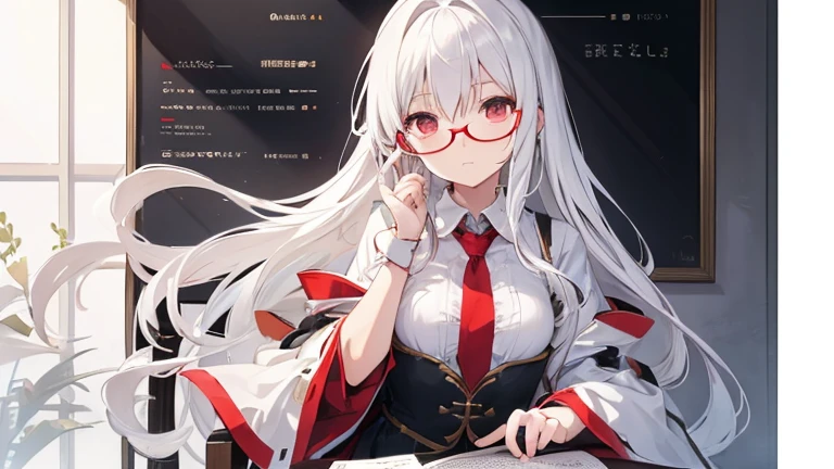 Super delicate white-haired cute girl, Small Breasts, Long hair, curls, Red Eye, Wearing glasses , Researcher , tied to a chair