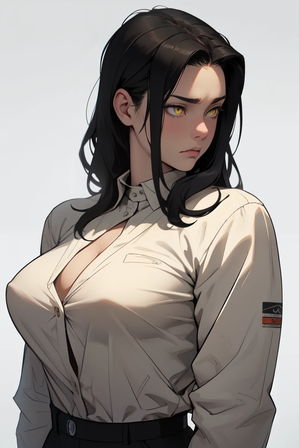 sad girl muscular muscular muscular breasts breasts breasts thick thick thick thick black hair yellow eyes pale skin pale skin thick thick thick long sleeve dark atmosphere thick thick thick thick thick thick muscular simple background sad sad sad sad tigth shirt
