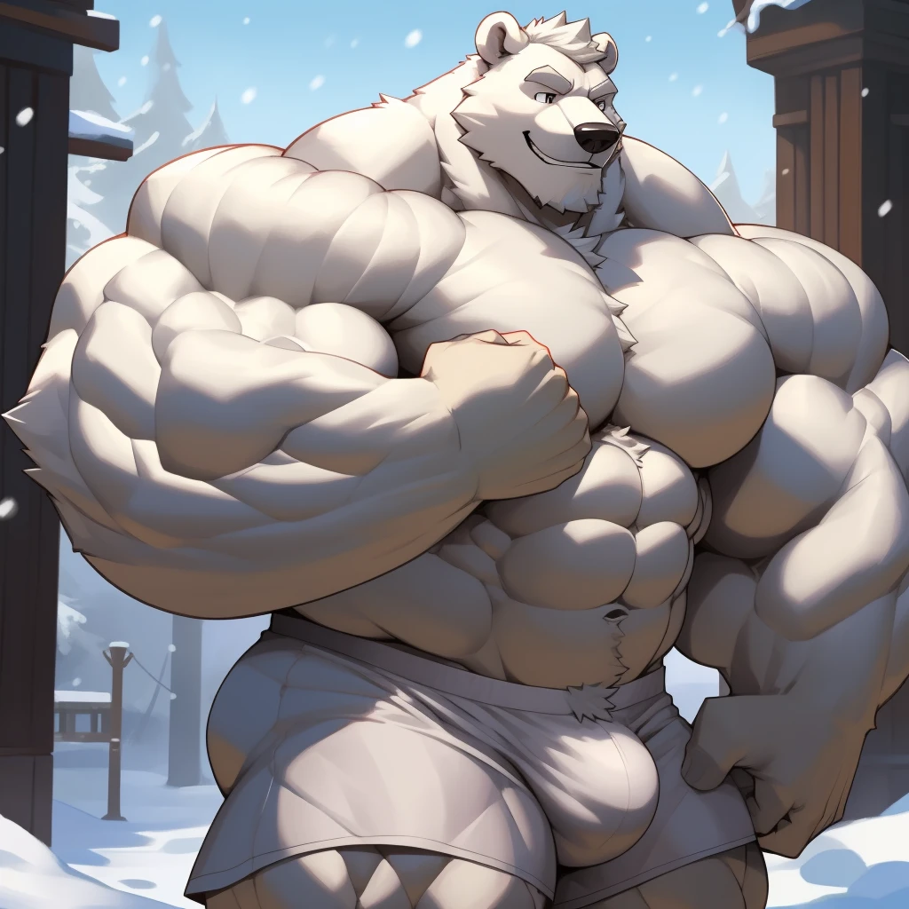 solo, 1boy, perfect anatomy, (furry white bears, polar bear) perfect proportion, snow, grin, big eyes, wide chest, bulky, bulk, bulge, happy. Huge Muscular Old man with short hair flexing his huge body,(white shorts), view from side, pectoral, thick arms, huge pectoral, wide pectoral, white hair, white beards, gym background, masterpiece, semirealistic:1.2, high detailed, 8k, high resolution, perfect center, full view. ((really big muscle, massive muscular, sixpack, thick arms, wide pectoral, super huge muscle, hyper muscular, over sized muscle, huge arms, big arms, huge pectoral))