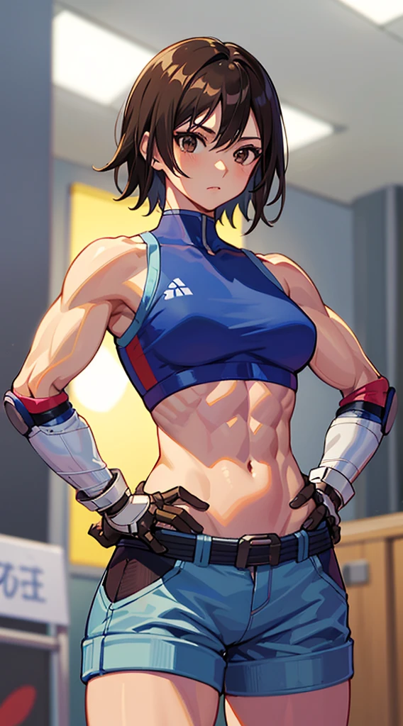 "(masterpiece、Premium Quality:1.2)、alone、1 Girl(Kazama Asuka、Muscular woman、Short brown hair、White skin、Brown eyes)、Cowboy Shot、Looking at the audience、Keep your hands on your hips、Tight clothing、Great for sports、Crop top、Shorts、(gloves:1.1)、internal、Elbow pads、abdomen、Trained abdominal muscles、Trained biceps、City of night,Exposed breasts