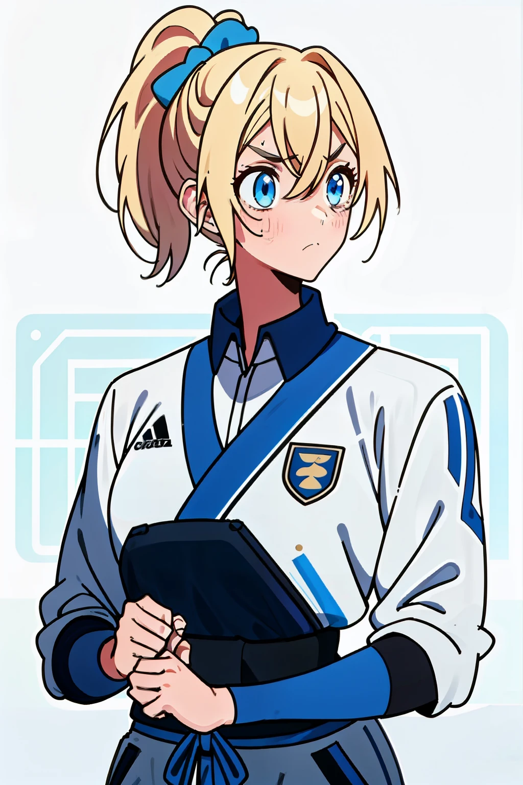 One girl in a Musa Terpsicore sports uniform, her athletic build showcased by the tight-fitting fabric, her short blonde hair tied back in a high ponytail. Her eyes are focused forward, a determined expression on her face as she prepares for a competition. The uniform, in its pristine white and blue, has her name and number neatly embroidered on the back, and she clutches her sports equipment tightly in her hands. Despite the pressure, she maintains a calm demeanor, her only sign of nervousness being the slight bead of sweat that forms on her brow.