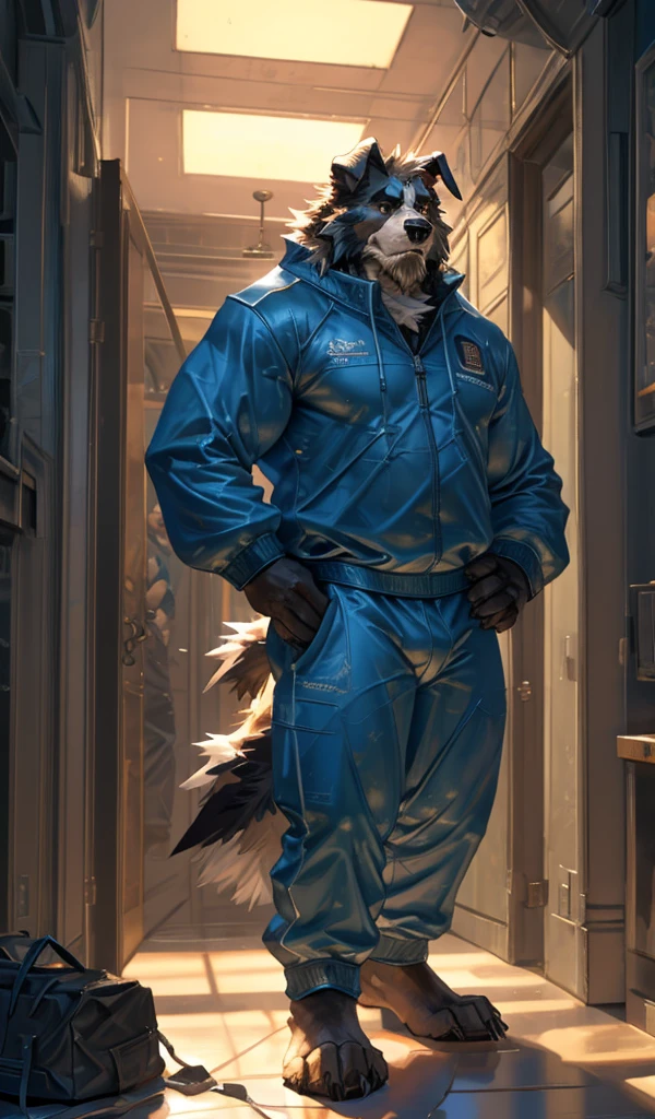 By Taran Fiddler, one man, anthro canine (Bearded Collie breed), adult male, elderly, slightly wrinkled face, bushy eyebrows, stern facial expression, grumpy, bushy mustache, slightly short stature, dilf, hands on his hips. standing in a hallway, wearing plain blue track suit, leaning against wall, oil rig, inside