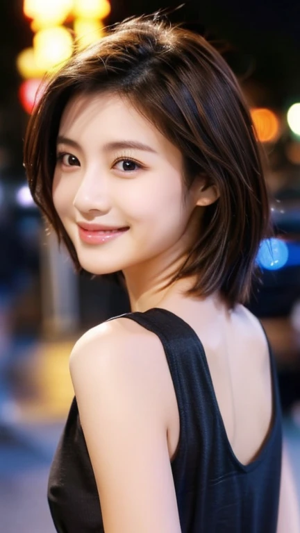 Highest quality、Japanese women、The most beautiful woman in the world、sexy、Brown Hair、Short Hair Style、Small face、Beautiful skin、night、Large breasts、Realistic、Black tank top、A big smile、look back