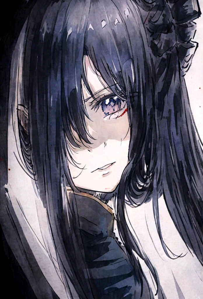 anime military dark blue uniform long white hair black eyes evil look