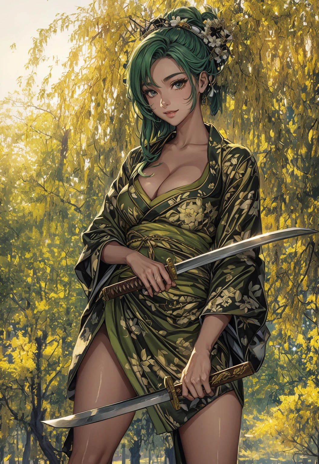 Holding a dagger in each hand、A yellow-green kimono with a shiny pattern、Fearless Smile、Behind is a willow tree々The leaves are lush、Don&#39;t change your finger grip、The design of the grip of the tanto will not change.、The grip of the short sword remains the same、The willow leaves are not in front of the person.、The willow tree is far away from the woman.、Perspective between the character and the background、Draw the part of the short sword that is being held firmly.、Draw the handle of the short sword clearly.、Draw the part of the short sword that is being held sharply.、Thighs are bare