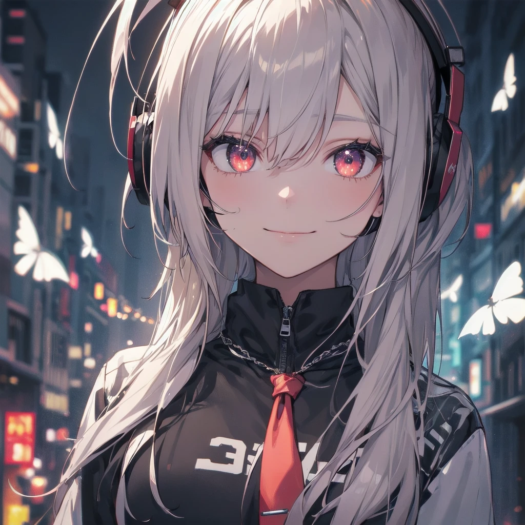 , chromatic aberration, Written boundary depth, Soft lighting, masterpiece, Highest quality, Complex, Tone Map, Very detailed, Art Station, Concept Art, Smooth, Sharp focus, Dramatic lighting, Very detailed artwork, Cinematic, hyper Realistic painting, Art Stationでトレンド8K, Incredible Shadows, Realistic, (Very detailed background:1.0), A Very detailed portrait of a solo 1girl standing on a street corner, During a rainstorm with thunder and cloudy skies, neon and cyberpunk background, she is wearing punk clothes with silver chains and silver spikes, She has butterfly-wing hair clips in her messy hair..., She is wearing headphones and a tie, , Clear pupils、Glowing red eyes, Ominous aura halo, smile, punk, cyberpunk, Backlight