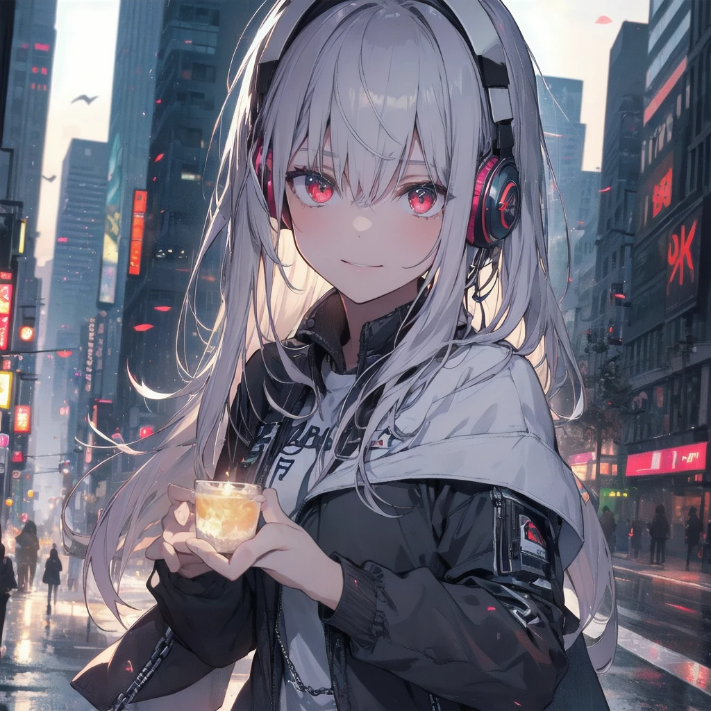 , chromatic aberration, Written boundary depth, Soft lighting, masterpiece, Highest quality, Complex, Tone Map, Very detailed, Art Station, Concept Art, Smooth, Sharp focus, Dramatic lighting, Very detailed artwork, Cinematic, hyper Realistic painting, Art Stationでトレンド8K, Incredible Shadows, Realistic, (Very detailed background:1.0), A Very detailed portrait of a solo 1girl standing on a street corner, During a rainstorm with thunder and cloudy skies, neon and cyberpunk background, she is wearing punk clothes with silver chains and silver spikes, She has butterfly-wing hair clips in her messy hair..., She is wearing headphones and a tie, , Clear pupils、Glowing red eyes, Ominous aura halo, smile, punk, cyberpunk, Backlight