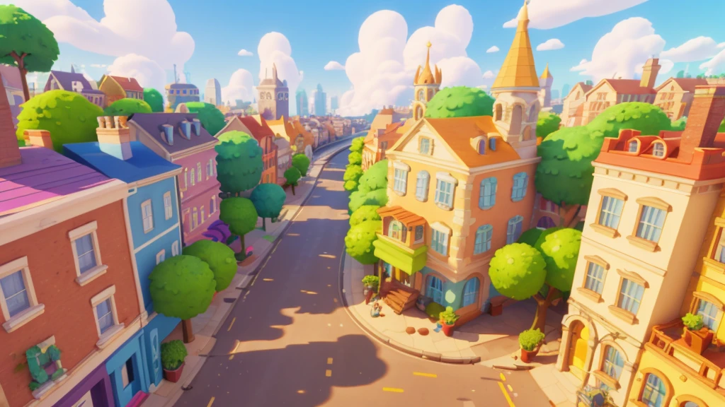 work of art, best qualityer, tom,3d, citys, colorful houses, trees, beautiful clouds, citys 3D, Disney pixar style