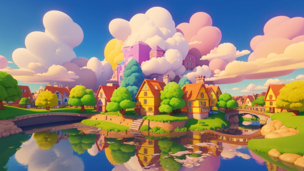 work of art, best qualityer, tom,3d, citys, colorful houses, trees, beautiful clouds, citys 3D, Disney pixar style