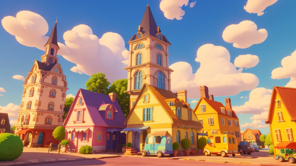 work of art, best qualityer, tom,3d, citys, colorful houses, trees, beautiful clouds, citys 3D, Disney pixar style 
  