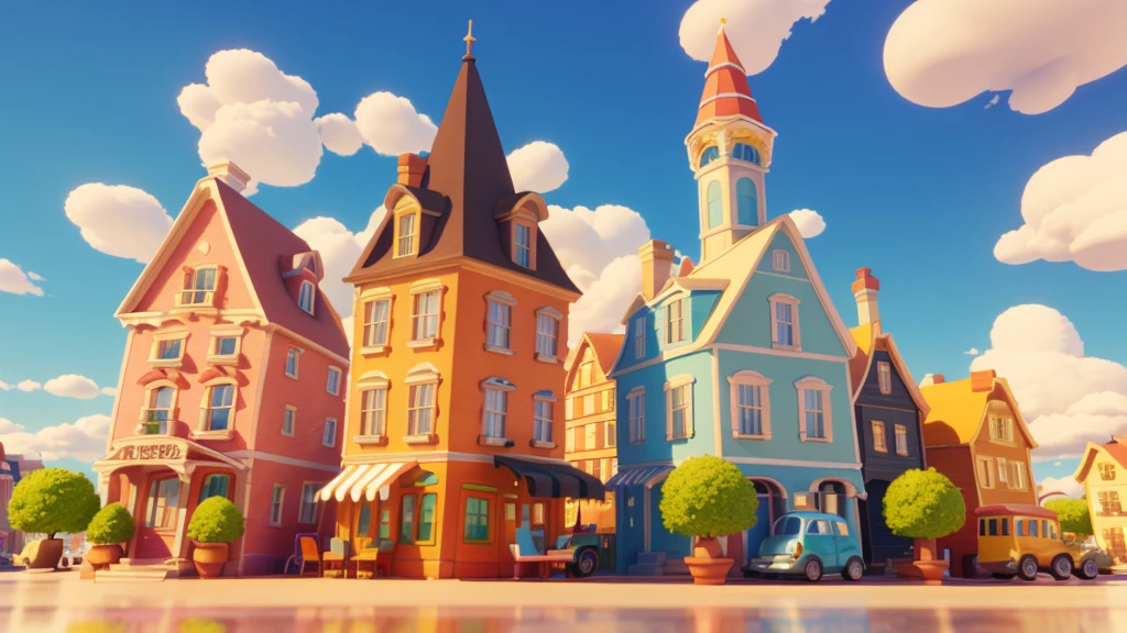 work of art, best qualityer, tom,3d, citys, colorful houses, trees, beautiful clouds, citys 3D, Disney pixar style