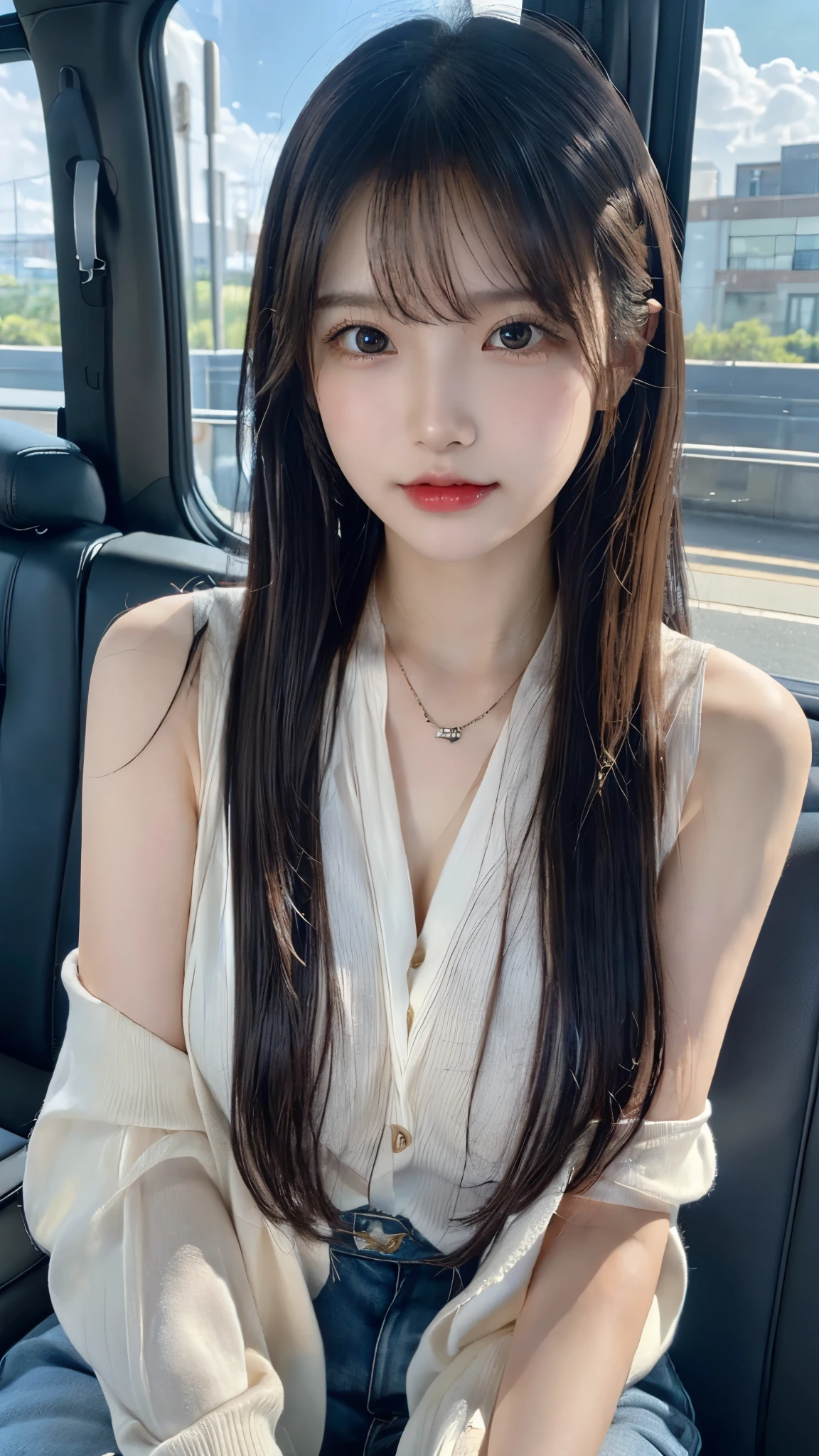 in 8K，photos realistic (1 Cute Korean Idol ) low-tied long hair, Thin makeup, Medium chest size, Close-up portrait, nffsw、Punk Girl、Pendants,FULL BODYSHOT、beauty legs、Beautiful legs、16-year-old 、She's looking at this、(Super beautiful girl:1.5)、(A detailed face)、Adult face、Bare legs, thighs、a closeup、full body Esbian、Nasty eyes,woman in a suit and tie sitting on a train, a hyperrealistic , hyperrealistic , pretty face with arms and legs, cute , ((crossed legs:1.7)), young idol,, japanese girl , juicy legs,((legs visible:1.5)),
