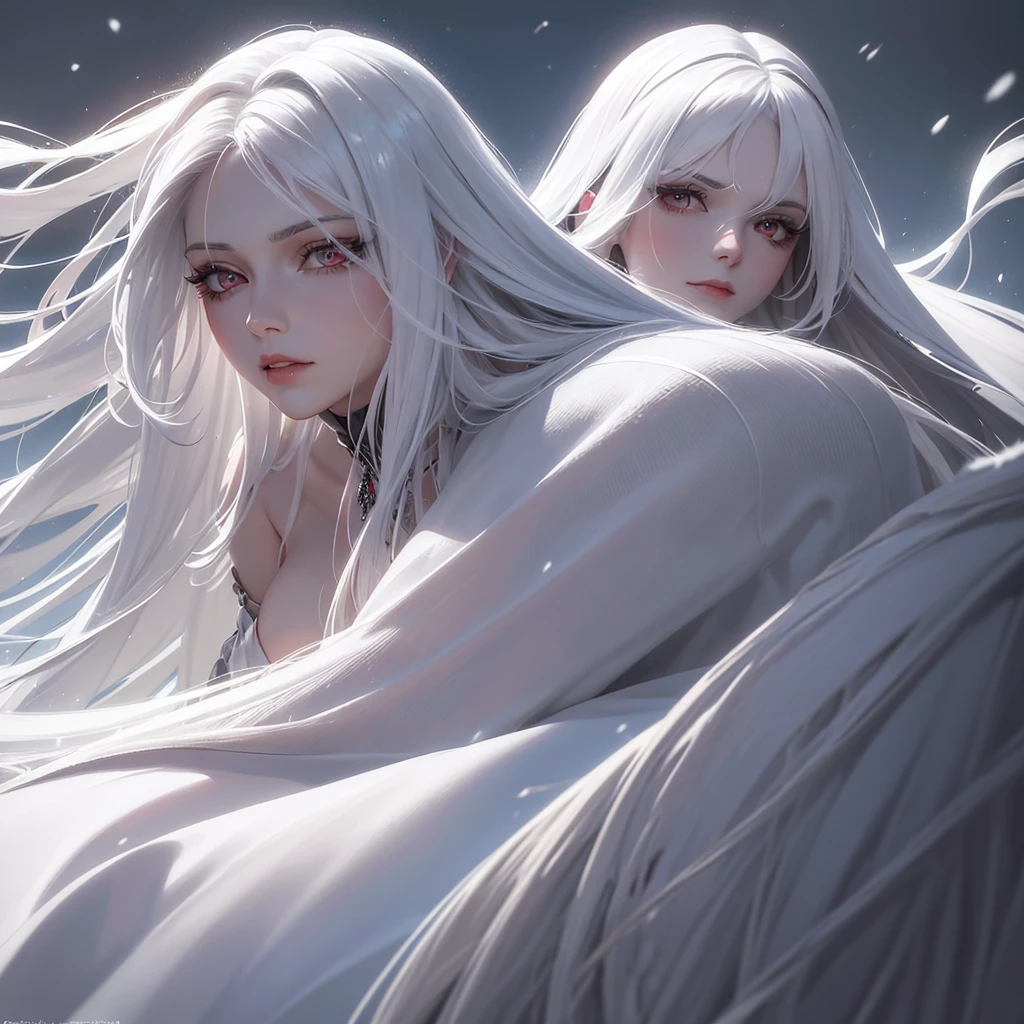 A very gorgeous lady with a dark crimson dead eyes, with a very long snowy white hair and her eyelashes are snowy white with a ruthless arrogant look, wearing a white dress with a black cloak.