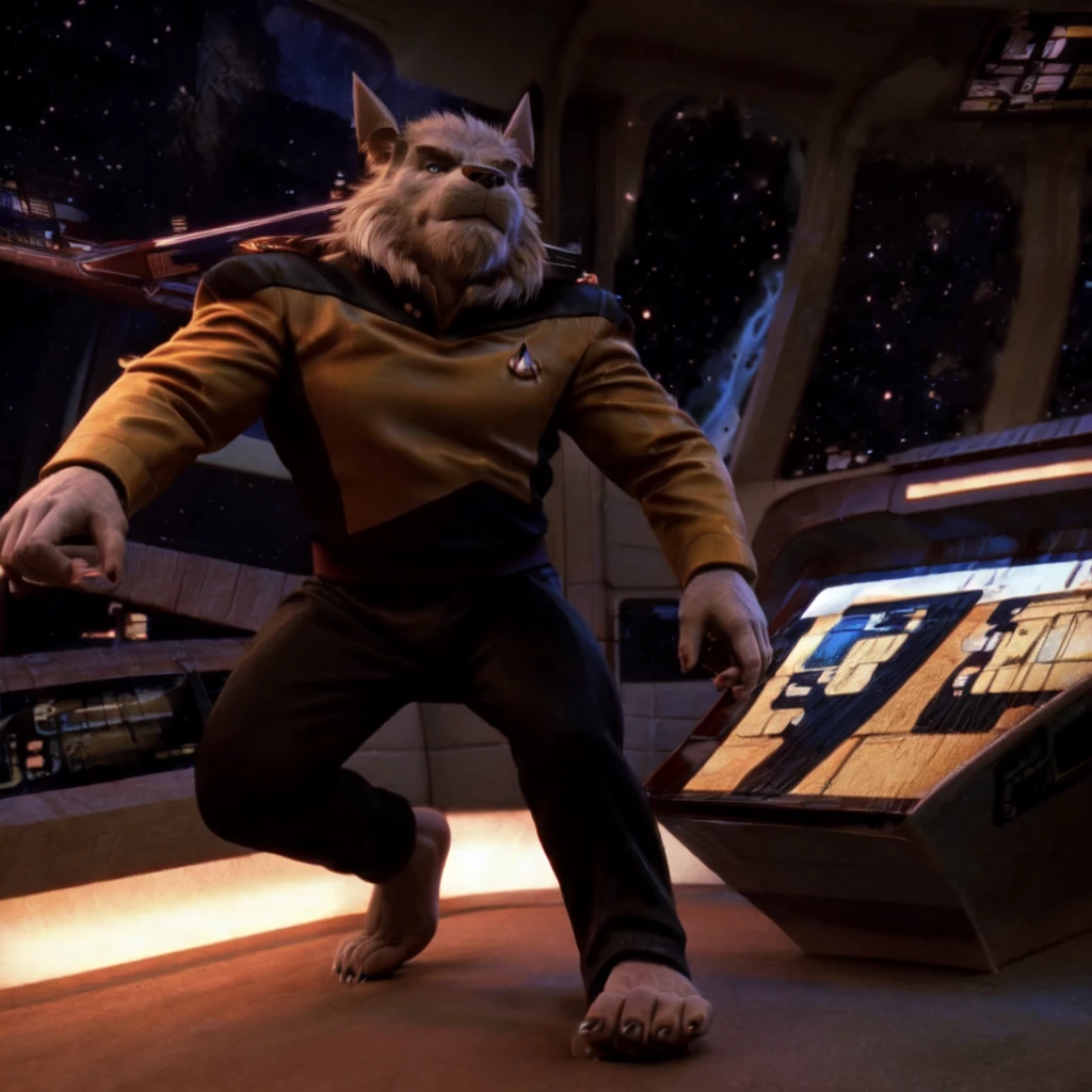 (((Barefoot furry character, full body, cinematic setting, furry male, plantigrade))) 

captain ((Totoro)), studio ghibili, furry, big, fat, whiskers, grey skin, claws,

exudes confidence and authority on starship bridge, wears star trek next generation security yellow uniform, ((s3stngunf uniform))) long black pants, muscular figure, dynamic pose, action expression

((Bridge of starship with many screens and consoles)), futuristic look, metalic, bright colors

BREAK, intricate details, highly detailed, extreme detail, octane render, fine art, best quality, highres, (detailed face:1.5), ((full_body)), UHD, (((perfect hands))), ((low light:1.5))