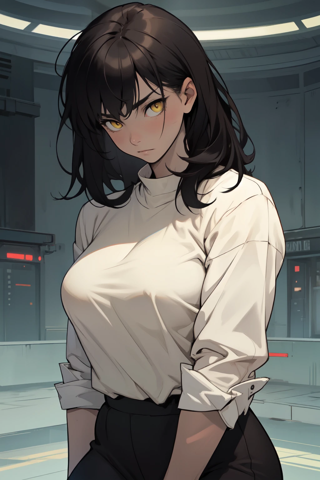 sad girl muscular muscular muscular breasts breasts breasts thick thick thick thick black hair yellow eyes pale skin pale skin thick thick thick long sleeve dark atmosphere thick thick thick thick thick thick muscular simple background sad sad sad sad tigth shirt