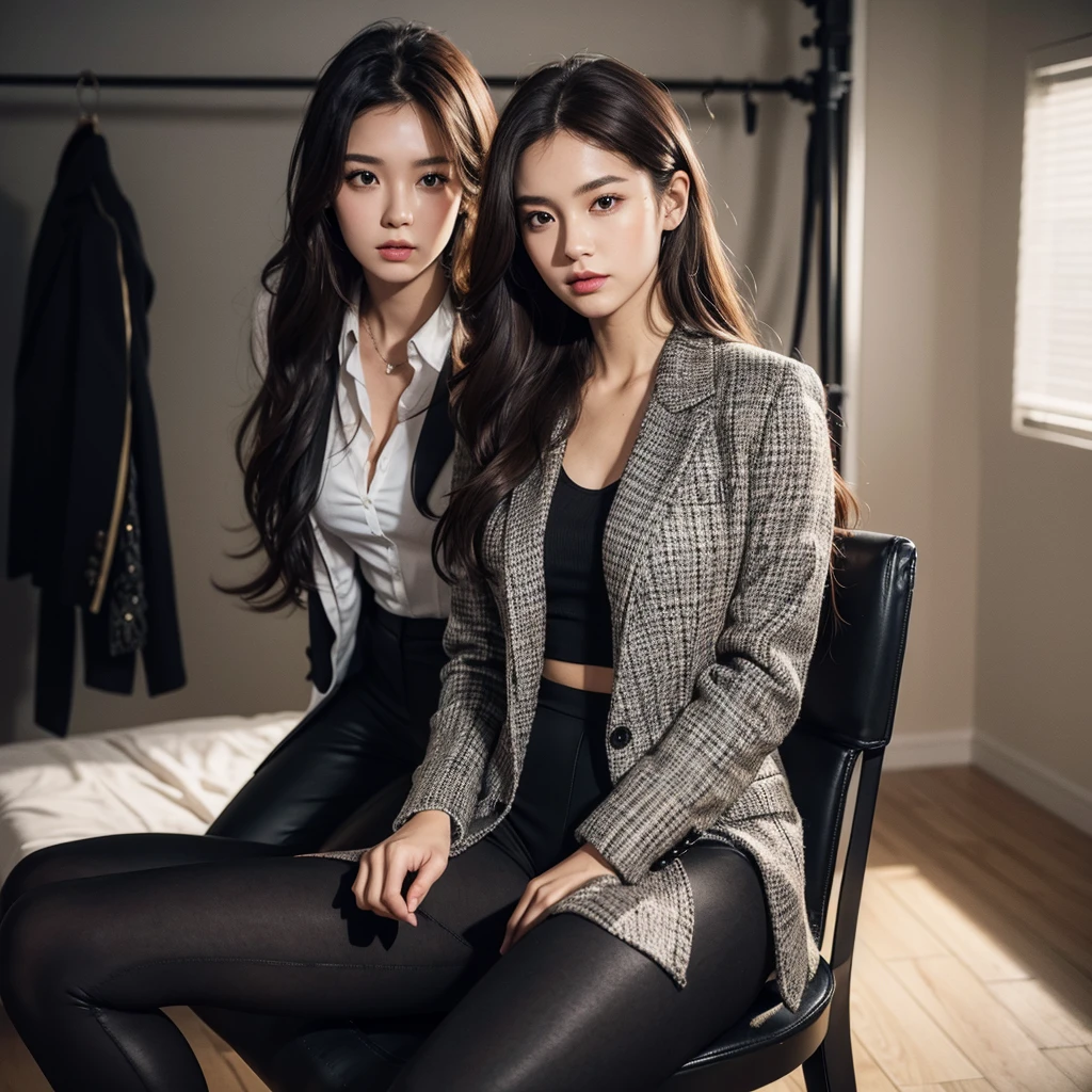 a 17 year old actress, the prettiest woman's face, perfect proportions of woman's body, blazer is worn with formal shirt on her upper body, her vagina between opened legs, two pairs of labia under a clitoris, her pubic hair, she is sitting on a couch, nsfw, best quality, highly detailed, masterpiece, ultra high res, photo realistic, 8k