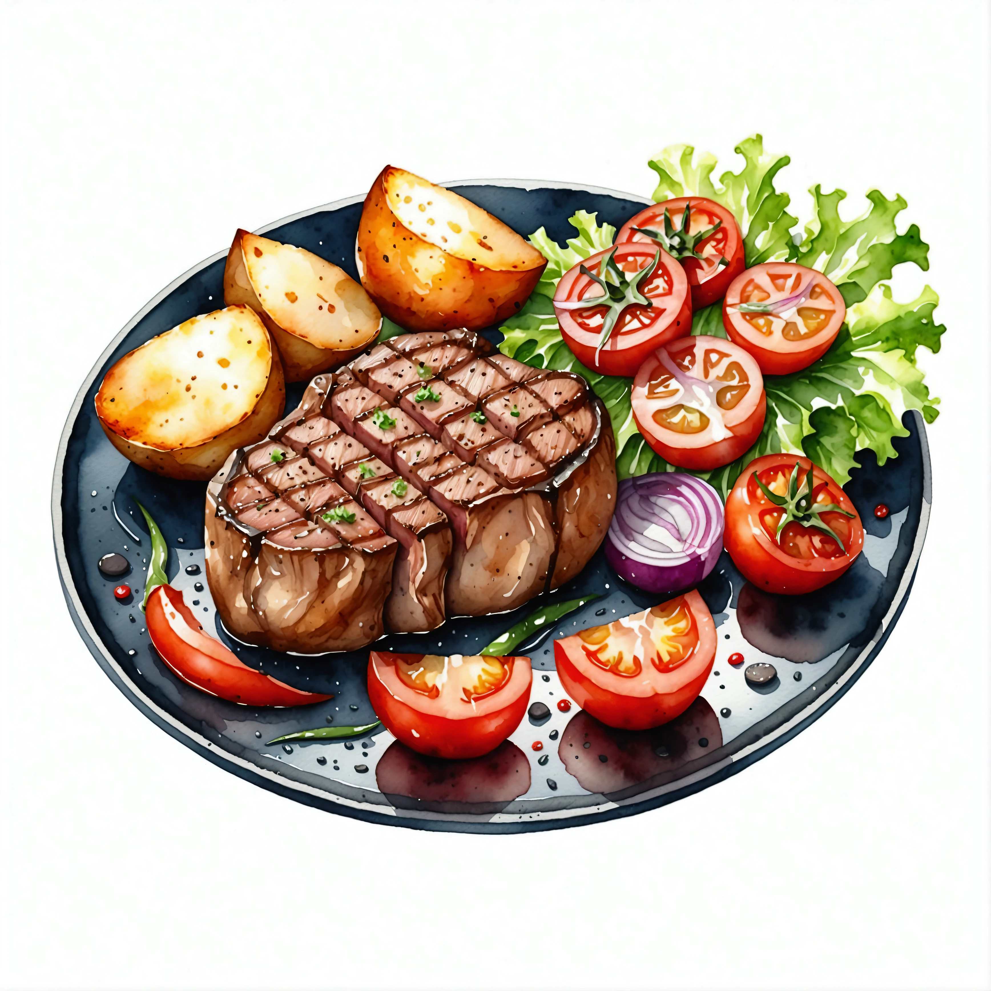 there is a delicious tenderloin steak and baked potatoes served on a hot black plate with slices of baked tomatoes and some green lettuce vegetables, illustration, isolated with solid white background, surrounded with negative space, centered compositon, 8k, highest detailed painting, very precise painting, Isolated, clear brilliant white background, perspective angle of view, cartoon style, ((watercolor)),